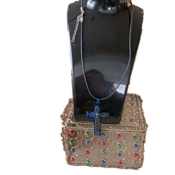 UNISEX VINTAGE LEATHER CHAIN BLUE CROSS/RAINBOW CROSS ITALIAN PRAYER - Picture 1 of 7